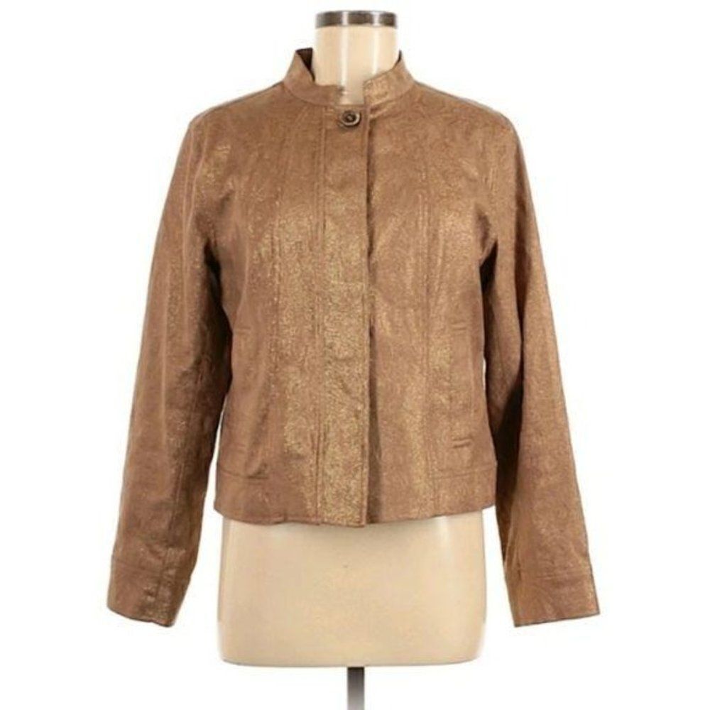 Chico's Metallic Gold Camel Textured‎ Blazer Jacket Mandarin Collar Sz 1 = M/8